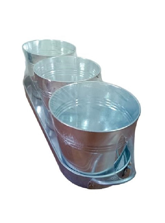 3 MACETAS PARA FLORES GALVANIZADAS CON BANDEJA