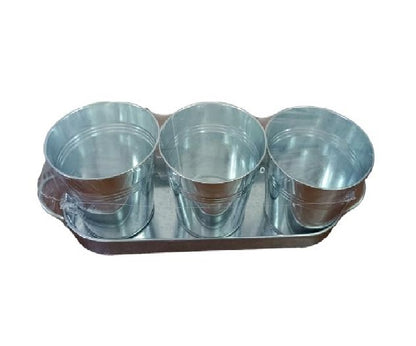 3 MACETAS PARA FLORES GALVANIZADAS CON BANDEJA